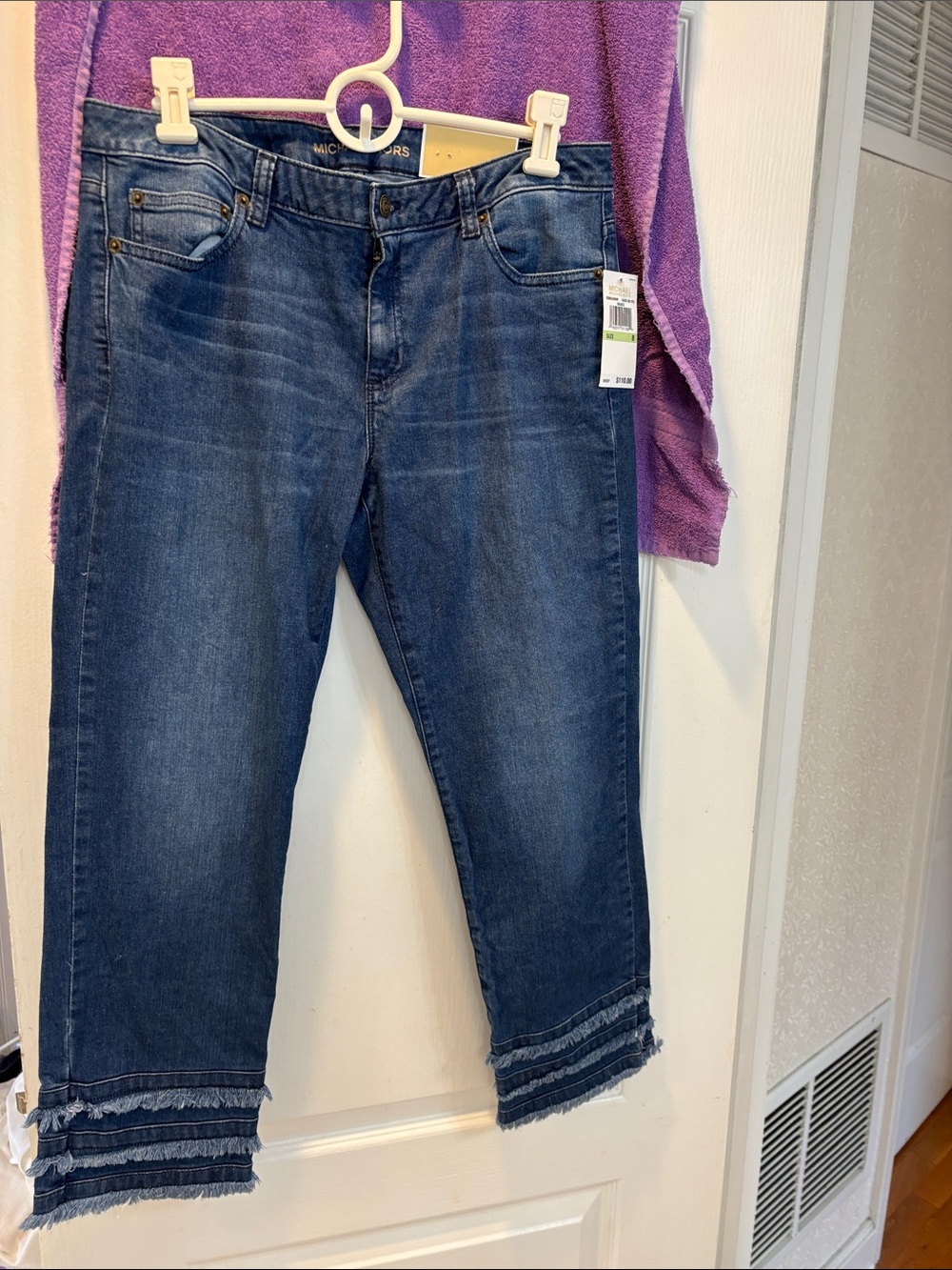 NWT MICHAEL Michael Kors Dark Blue Cropped Jeans with Frayed Tiered Hem